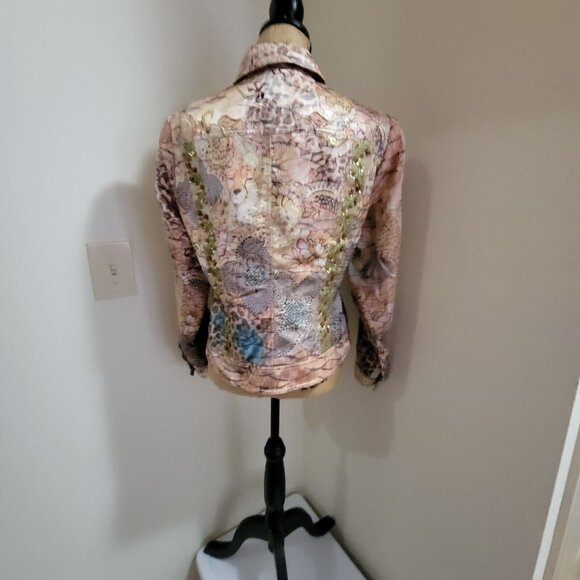 Boho Chic Size 8 Jacket Tan Brown Silk Sequin Jacket Lined Cheetah - Picture 6 of 12